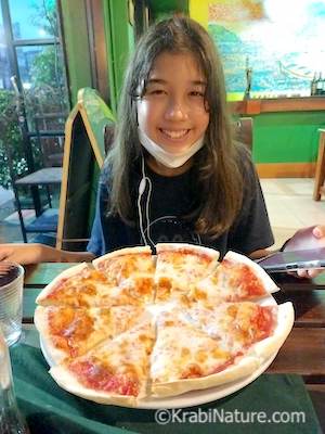 A big double cheese pizza at Bistro Monaco's in Krabi, Thailand.
