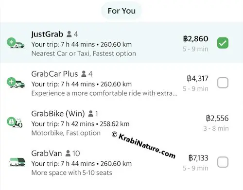 Grab Ride fare from Krabi to Satun for expat visa runs to extend stay in Thailand.