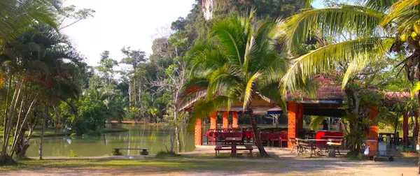 Krabi Fishing seafood restaurant with seating over the fishing lake. Located just outside Krabi Town.