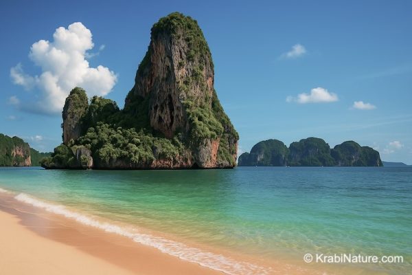 Limestone karst rising out of ocean at Railay Beach, Krabi.