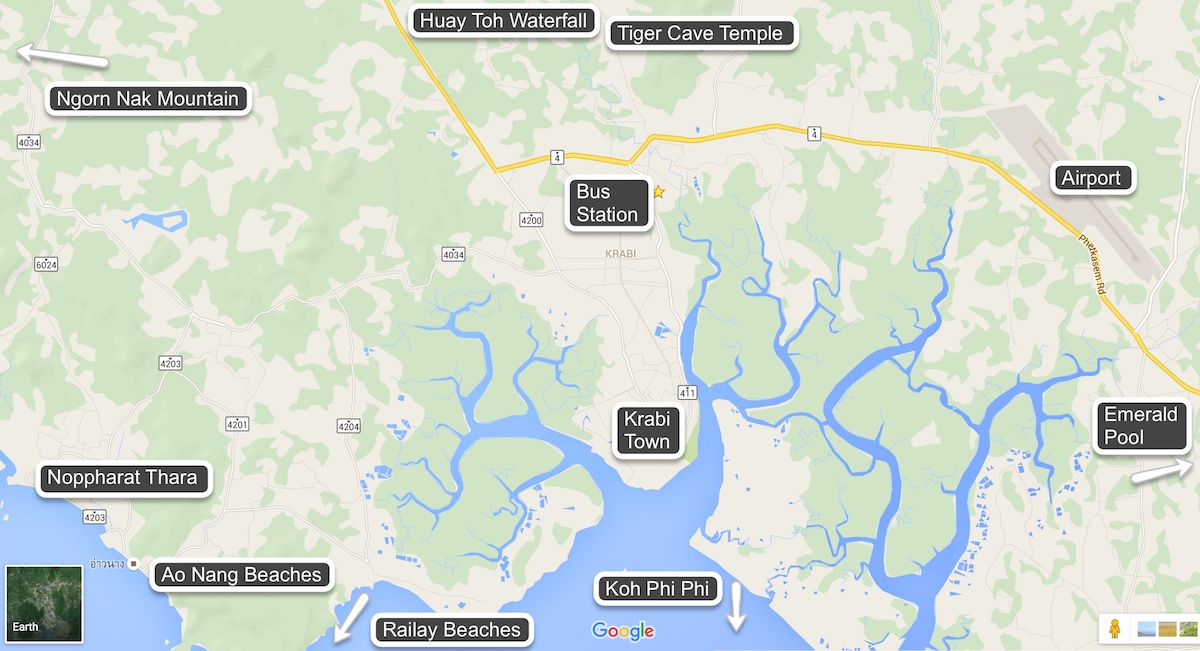 Krabi, Thailand map including Ao Nang, Noppharat Thara, Koh Phi Phi, and Krabi Town.