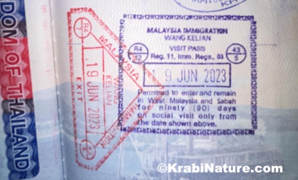 Border stamp in passport for visa run from Satun, Thailand to Wang Prachan Border crossing in Malaysia.
