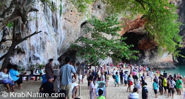 Railay Beach crowd during high season in Krabi from November to April.