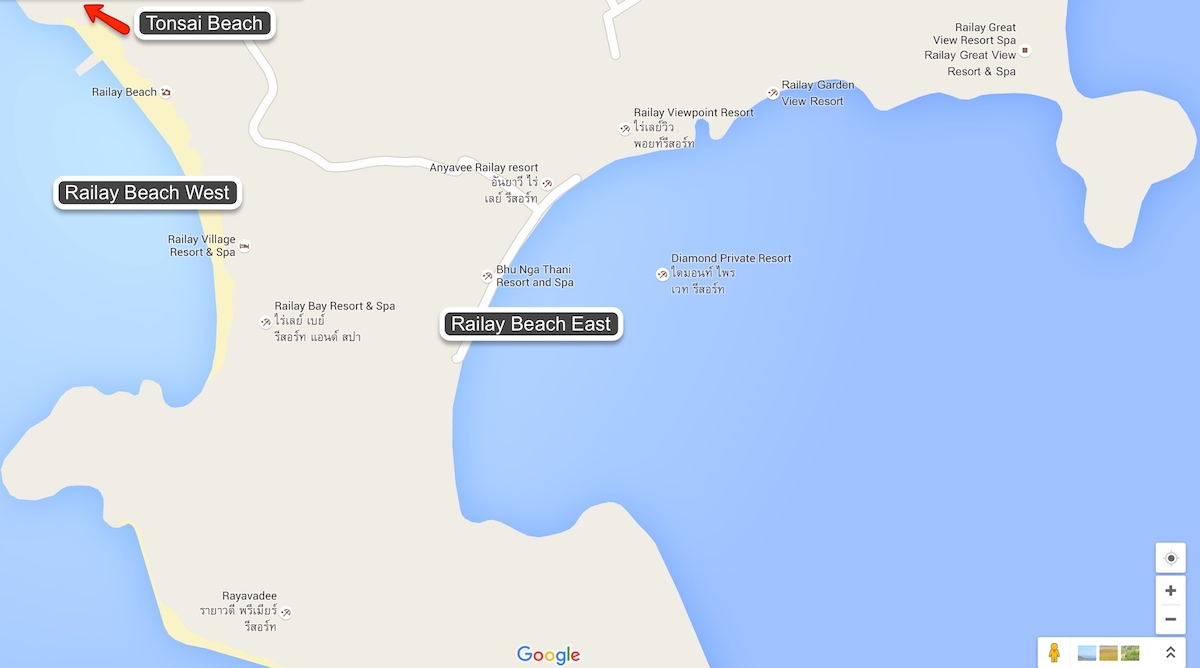 Map of Railay Beach West, East, and Tonsai Beach in Krabi, Thailand.