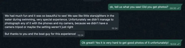 A testimonial from one our participants in the Blue Plankton boat tour off Ao Nang Beach at night.