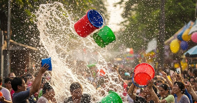 Water throwing mayhem at Songkran 2025 in Krabi, Thailand. This is Thai New Years event.