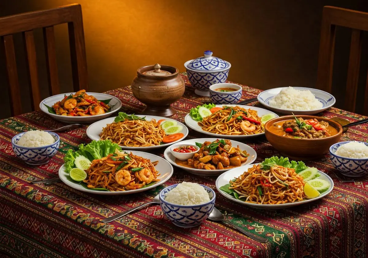 Thai food dinner including rice, sticky rice, noodles, stir fried shrimp, Tom Yum soup, fried pork, prik nam pla, and more!