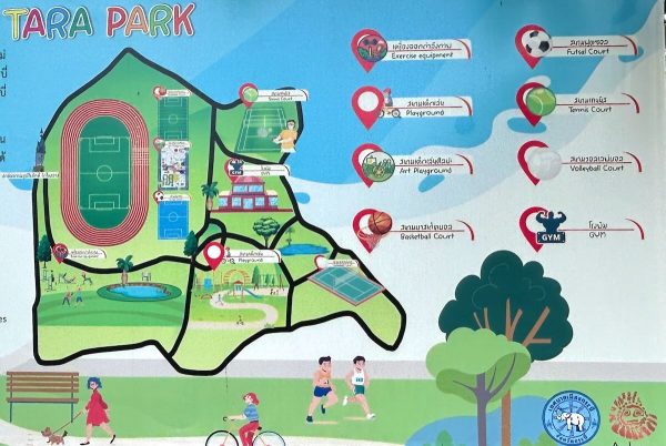 Sign at Thara Park about the layout and features (attractions).