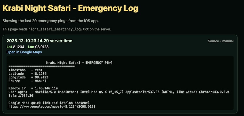 Emergency alert we receive when you click the Emergency button while on your Krabi Night Safari.