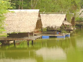 Floating fishing huts on stocked fishing lake in Krabi.