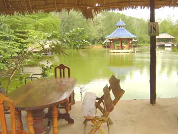 Patio over the water at Krabi Ice Fishing stocked fishing lake.