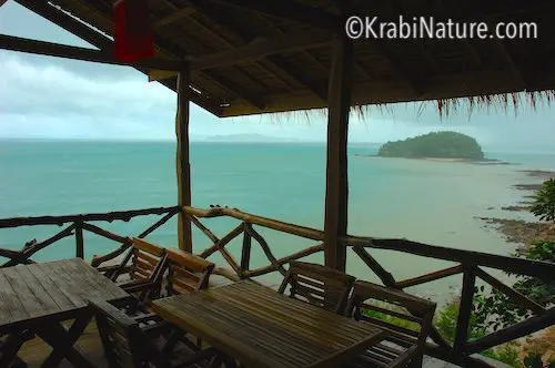 Ko Lanta restaurant high on a hill overlooking a small island off the coast.