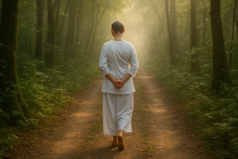 Buddhist nun (mae-chee) walking down rainforest path in Thailand.