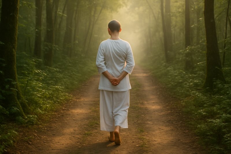 Buddhist nun (mae-chee) walking down rainforest path in Thailand.