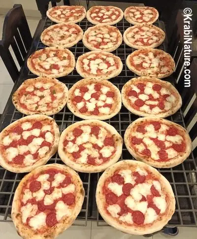 Many pizzas sitting on a table.