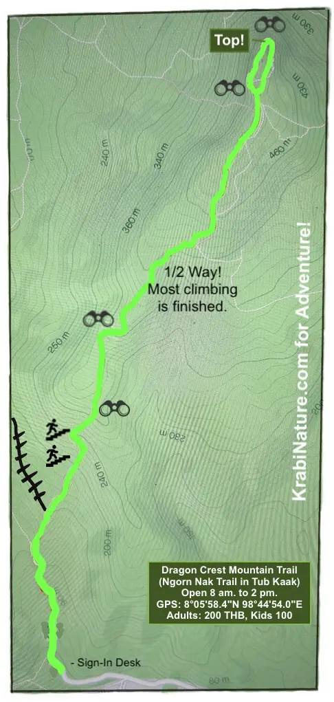 Map with Key for Dragon's Crest Mountain Trail in Tub Kaak, Ao Nang, Krabi, Thailand.k