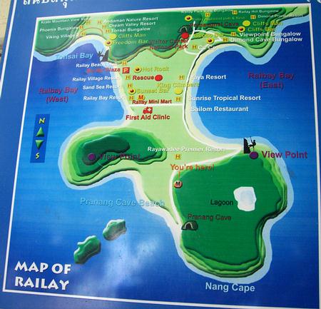 Railay Beaches Map, Krabi, Thailand.
